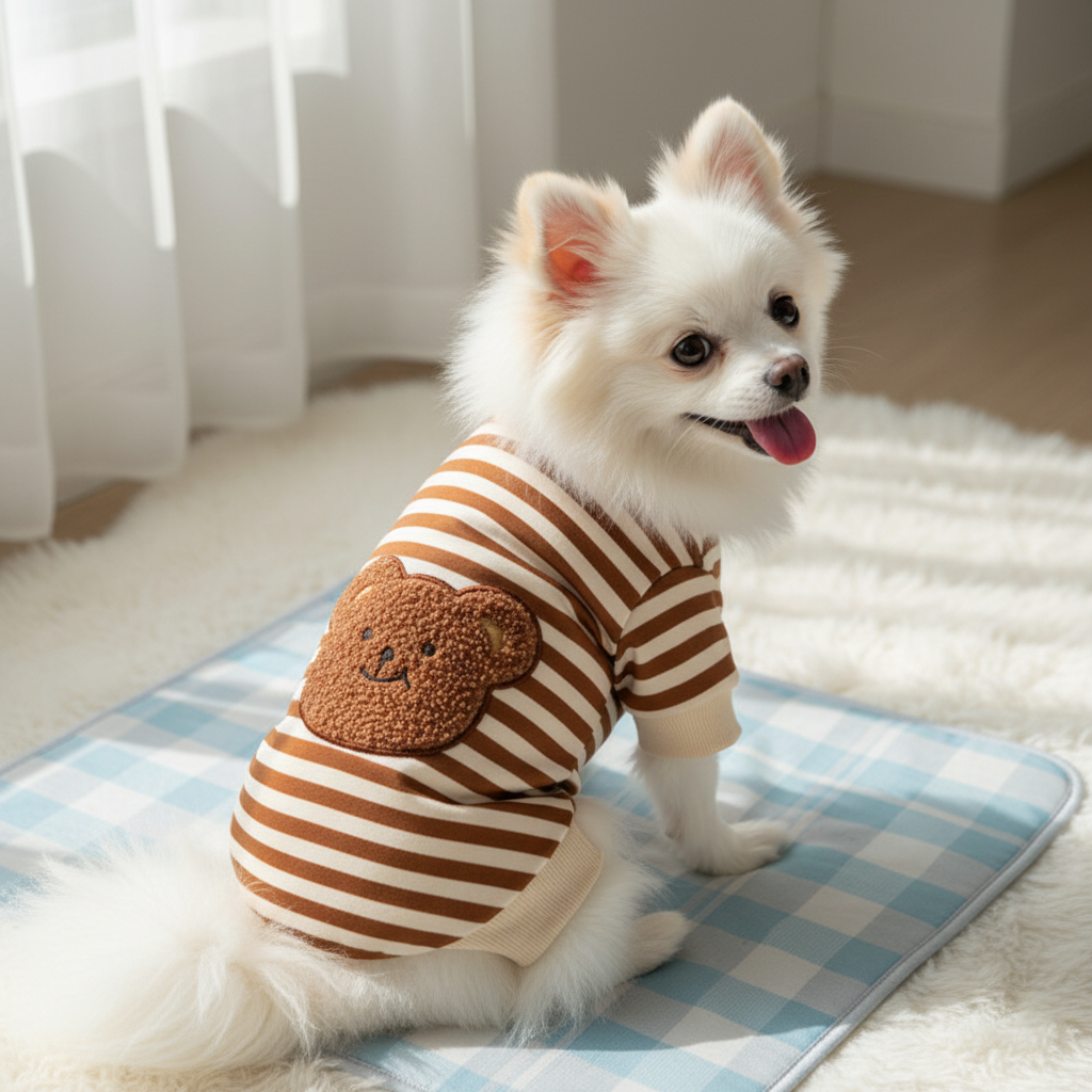 Dog wearing romper with plaid background
